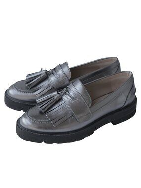 STUART WEITZMAN Loafer Silver Mila Platform Creeper Kiltie Pewter Slip On Tassel